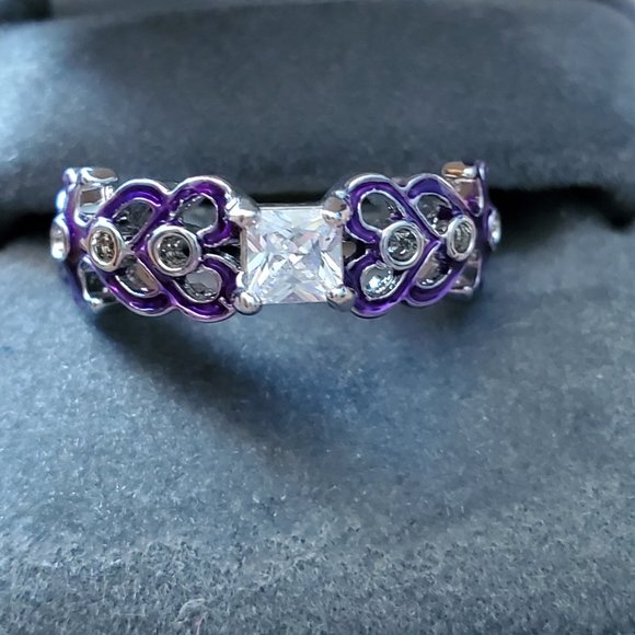 New Silver Princess Cut Ring Purple Trim on Band - Picture 2 of 5